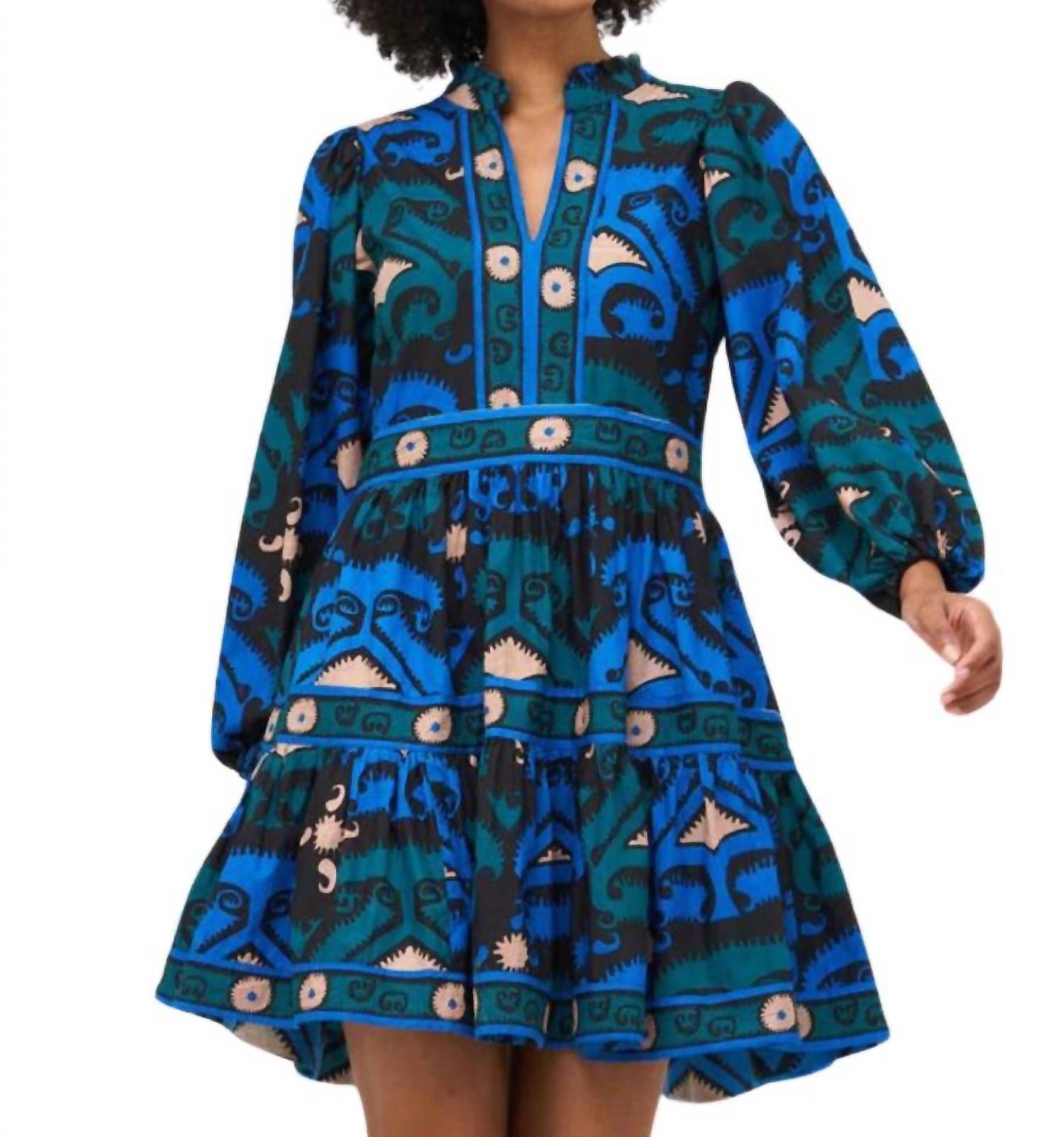 Yoke Minikleid in Usbekisch, Blau