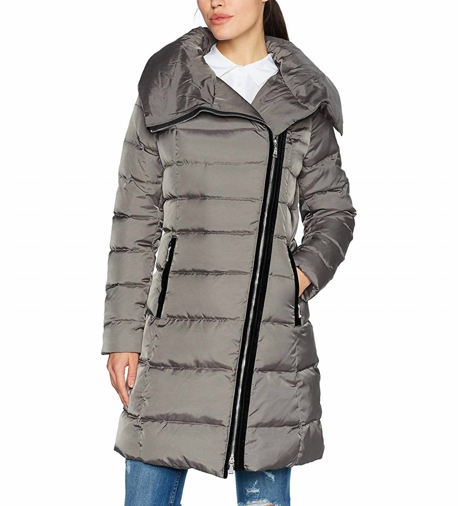 Brooklyn Asymmetrischer Langer Puffermantel In Mink Grau