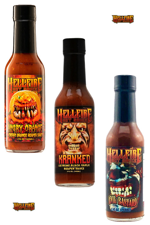 Hellfire Angry Kranked Bastard Chilisaucen Set, 3/5oz