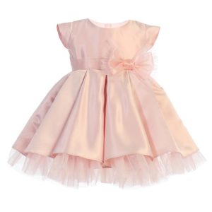 Rosa Blumenmädchenkleid aus plissiertem Satin mit Schleife für Babys, Größe 6–24 Monate
