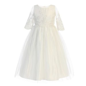 Cremefarbenes Blumenmädchenkleid mit Pailletten und Kordeldetail für kleine Mädchen, Größe 2–6