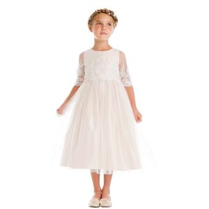 Blumenmädchenkleid für kleine Mädchen, Champagner, Pailletten, Kordeldetail, Größe 2–6