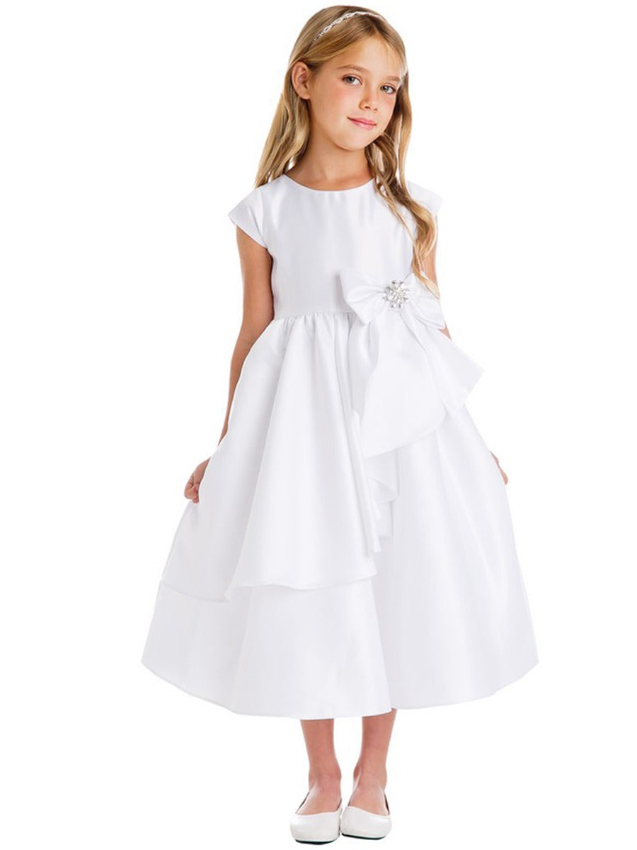 Mädchen weiß Satin Cascading Ribbon Akzent Kommunion Kleid 6-16