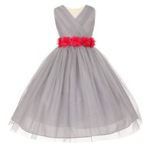 Junior-Brautjungfernkleid für große Mädchen, Silber, Fuchsia, Chiffon, Blumen, Tüll, Größe 8–14