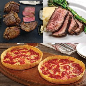 2 Gibsons . gga New York Streifen, 2 Gibbons . Gga Knochen-in Filets & 2 Lou-Pizzas – 14oz / 12oz