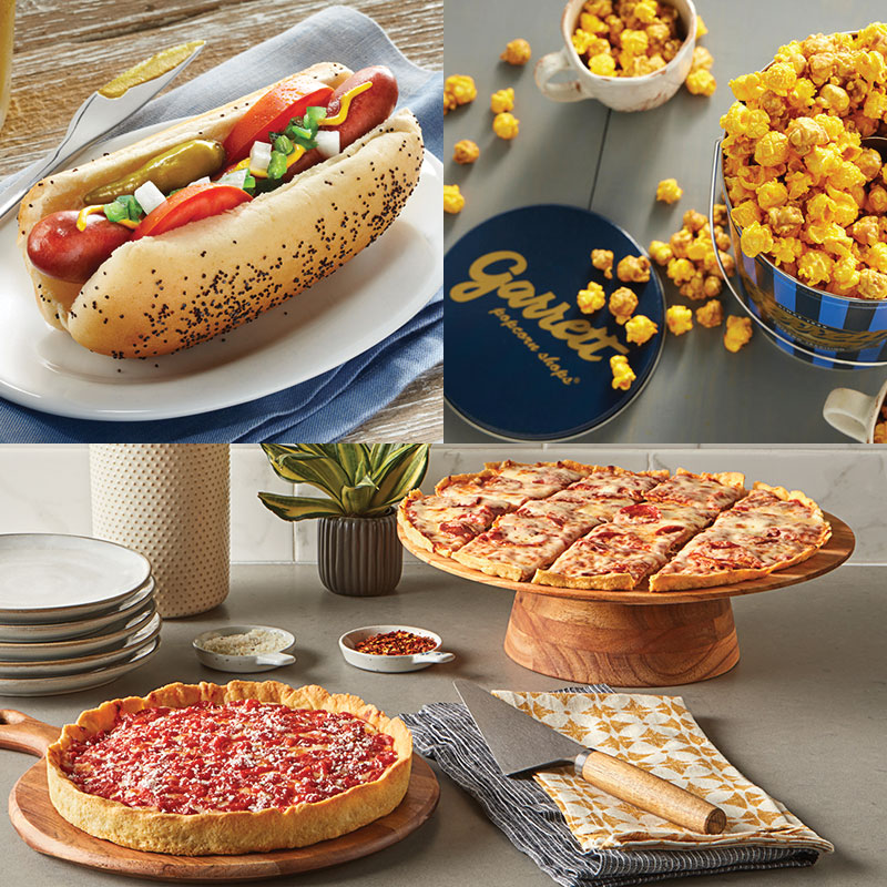 Garrett Popcorn klassisch Dose, Wiener Rindfleisch Hot Dog Kit, 2 Lou's dünn Crust Pizzas & 1 Deep Dish Pizza