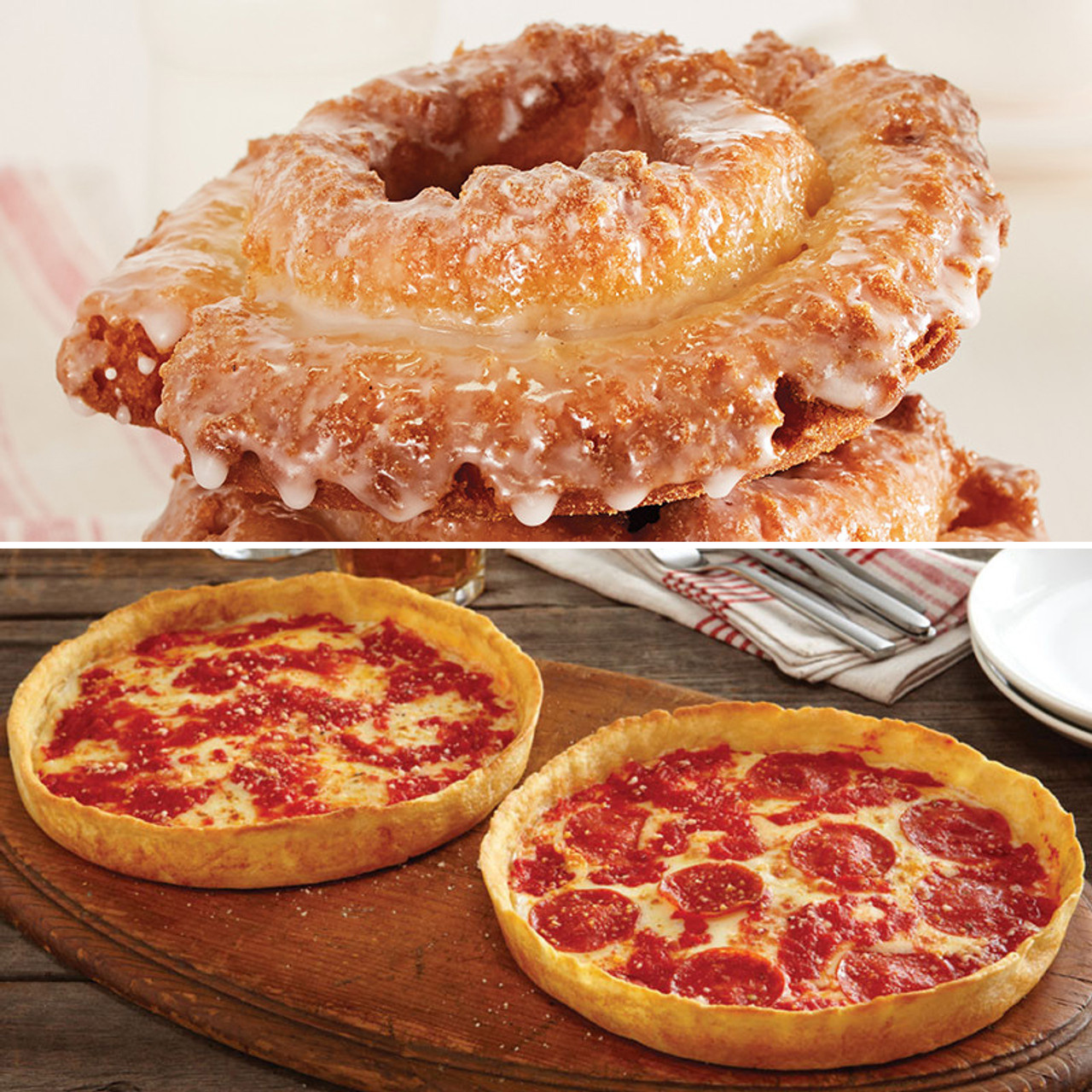 12 Do-Rite Donuts und 2 Lou's Pizzas