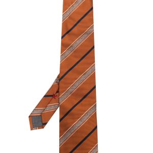 Brunello Cucinelli Burnt Orange Dunkelblau gestreifte Seide Herren Krawatte
