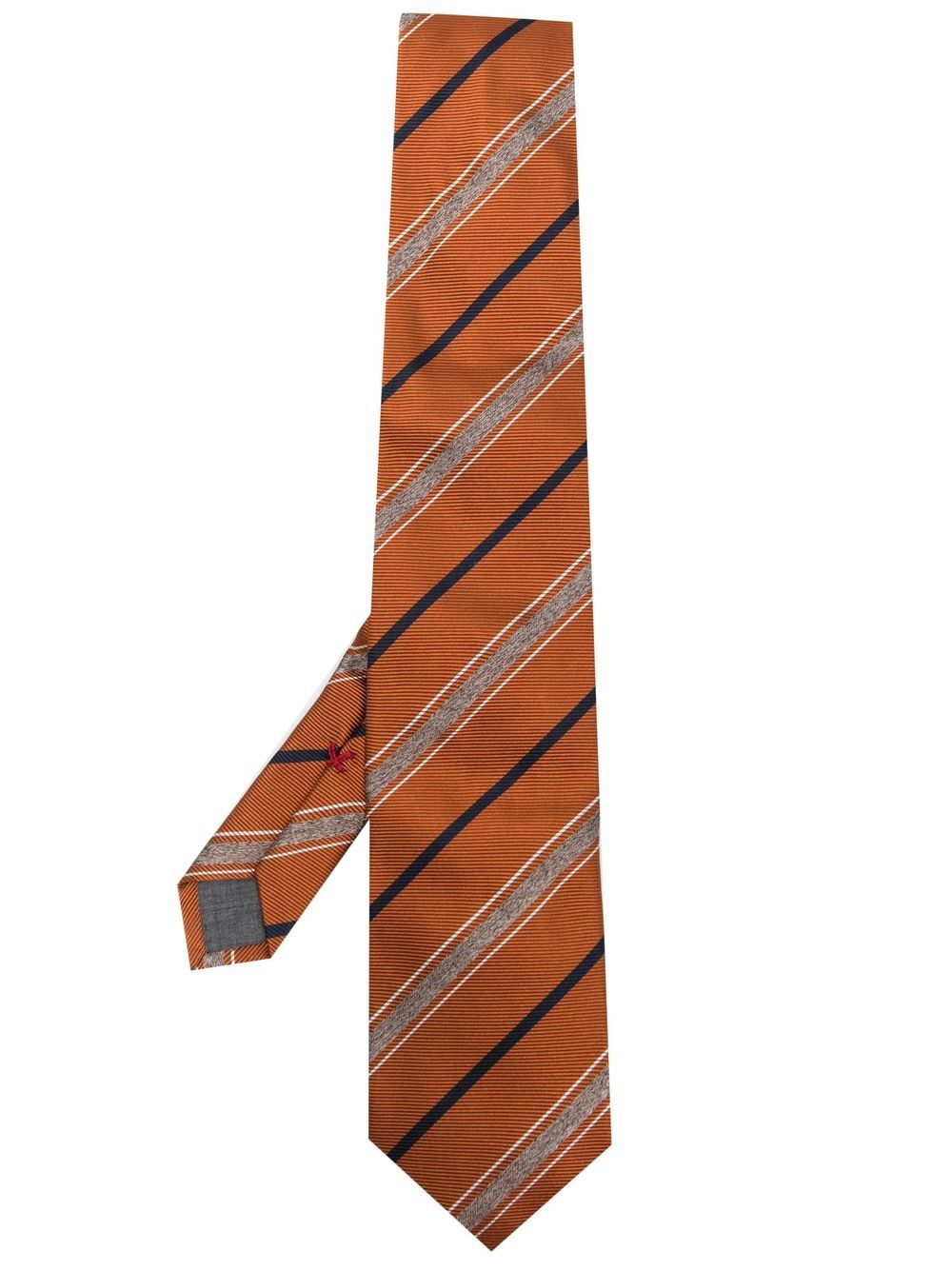 Brunello Cucinelli Burnt Orange Dunkelblau gestreifte Seide Herren Krawatte