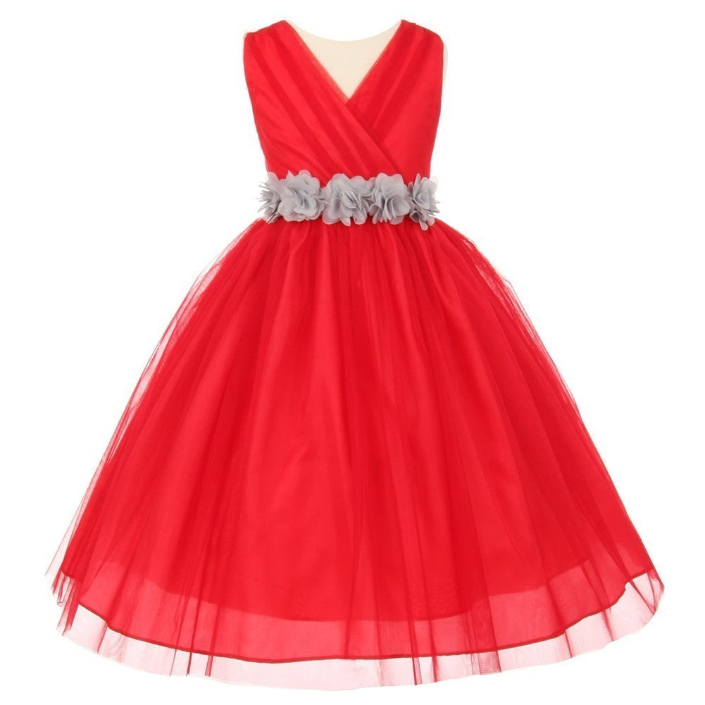 Kleine Mädchen Rot Silber Chiffon Blumen Schärpe Tüll Blumenmädchen Kleid 2-6