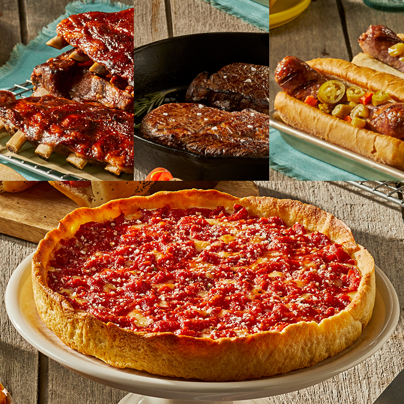 2 Gibsons 14oz. GGA Ribeye Steaks, Nottoli Italienische Wurst Sandwich Kit, Twin Anchors Ribs & 1 Lou's Pizza