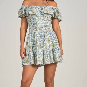 Schulterfreies Rüschenkleid in Weiß/Blumenmuster