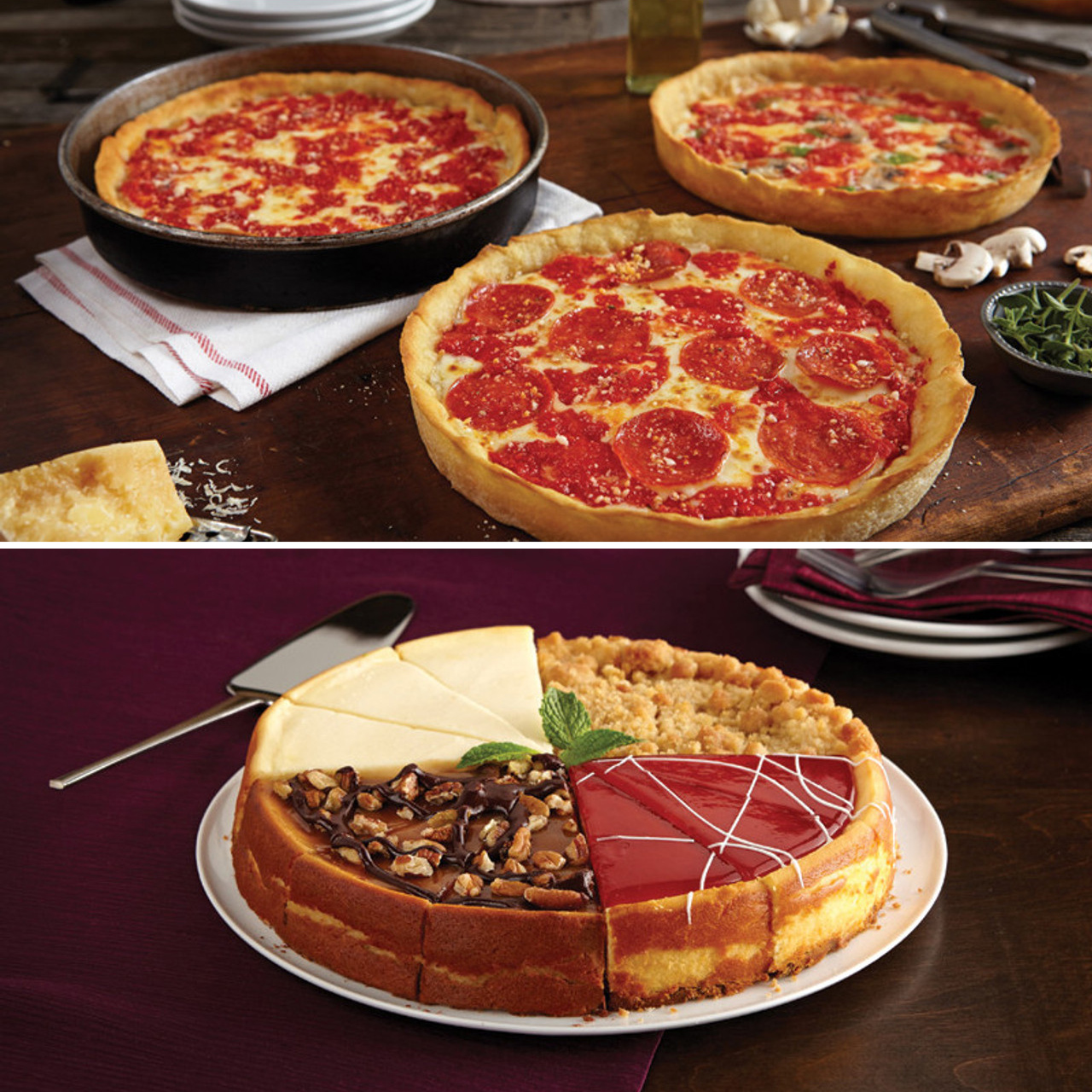 1 Eli’s Sampler-Käsekuchen und 3 Lou’s Pizzen