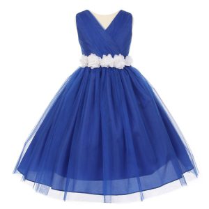 Blumenmädchenkleid für kleine Mädchen, Königsblau, Weiß, Chiffon, Blumenschärpe, Tüll, Größe 2–6