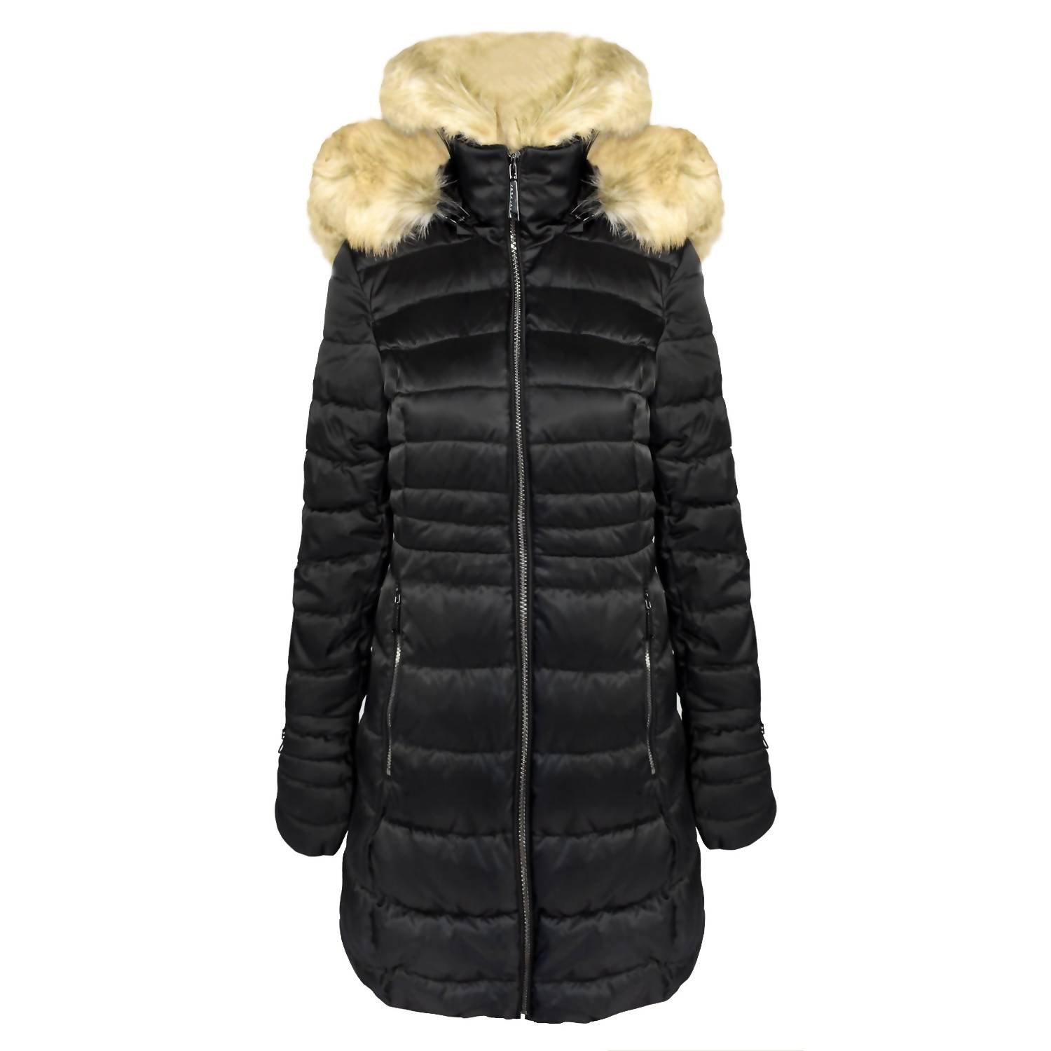 Damen gesteppte Kunstpelz Kapuze Puffer Jacke Mantel in schwarz