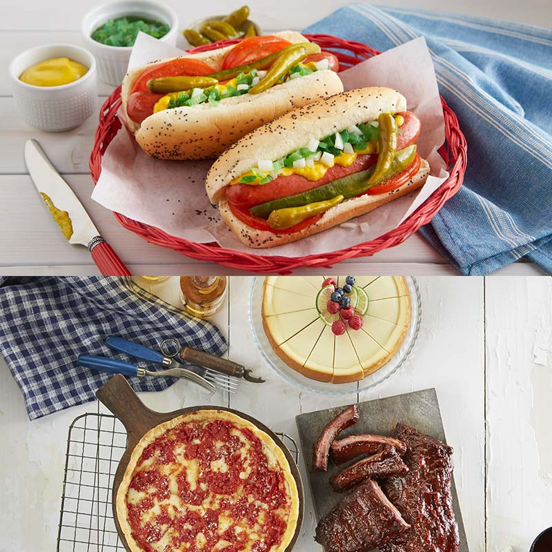 Lou's Pizza, Portillo's Hot Dog Kit, Real Urban BBQ Ribs und Eli's Cheesecake Combo