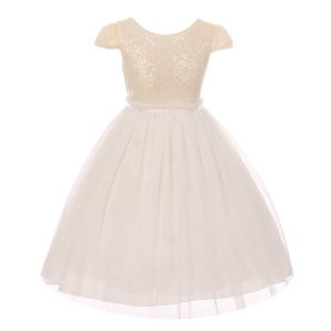 Brautjungfernkleid für große Mädchen, elfenbeinfarben, Pailletten, Tüll, Flügelärmel, Größe 8–12