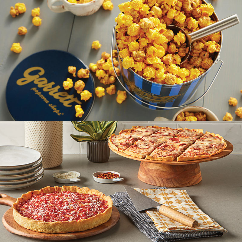 2 Garrett Popcorn Klassische Dosen, 2 Lou's dünn Crust Pizzas & 1 Deep Dish Pizza