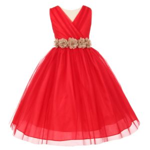 Blumenmädchenkleid für kleine Mädchen, rot, Champagner, Chiffon, Blumenschärpe, Tüll, Größe 2–6