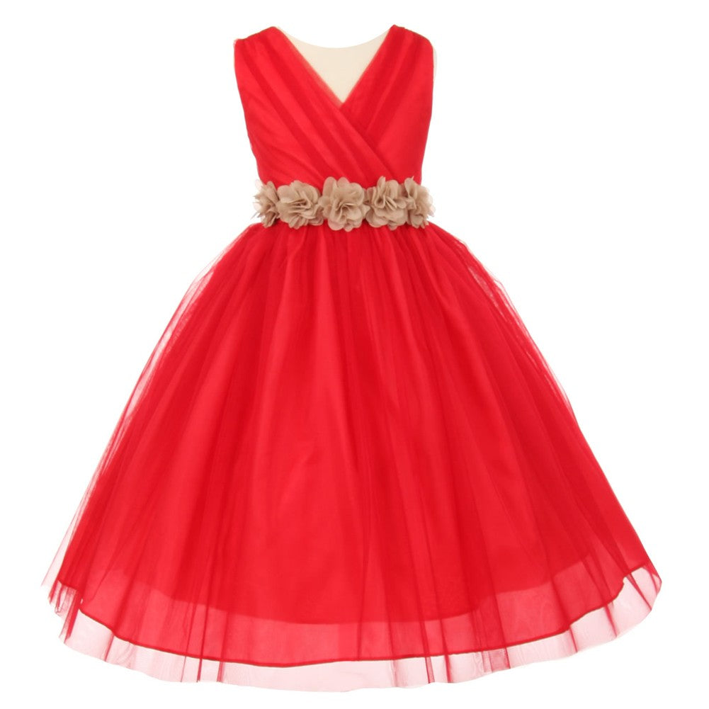 Kleine Mädchen Rot Champagne Chiffon Blumen Schärpe Tüll Blumenmädchen Kleid 2-6