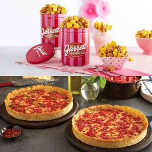 2 Garrett Popcorn Petite Rosa Tins & 2 Lou's Pizzas