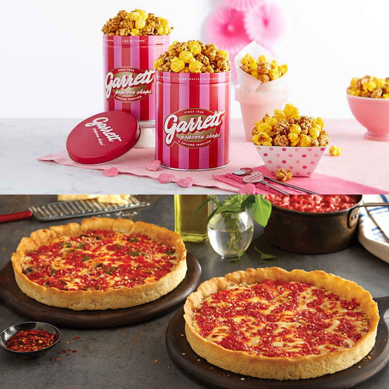 2 Garrett Popcorn Petite Rosa Tins & 2 Lou's Pizzas