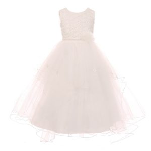 Mehrlagiges Kommunionkleid für große Mädchen, elfenbeinfarben, mit Perlenblumen verziert, Größe 8–16
