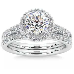 1 1/2 ct Diamant Halo Verlobungsring Set 14k Weißgold Verbessert