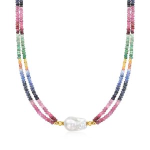 Ross-Simons 22x14mm kultivierte Barock Perle und bunten Saphir Perle Halskette mit 18kt Gold über Sterling