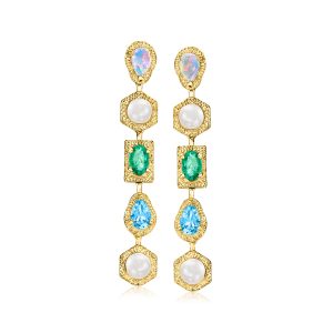 Ross-Simons Opal und 4.5-5mm Zuchtperlen Ohrringe mit Swiss Blau Topaz und Emerald In 18kt Gold über Sterling