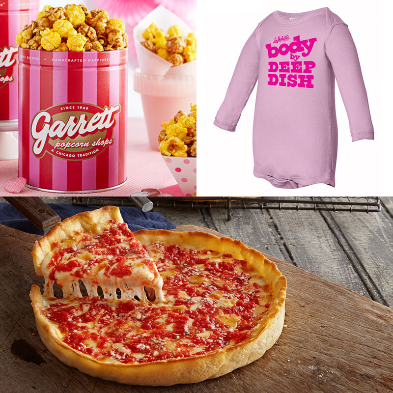 Garrett Popcorn Petite Rosa Dose, Rosa Onesie und 1 Lou's Pizza