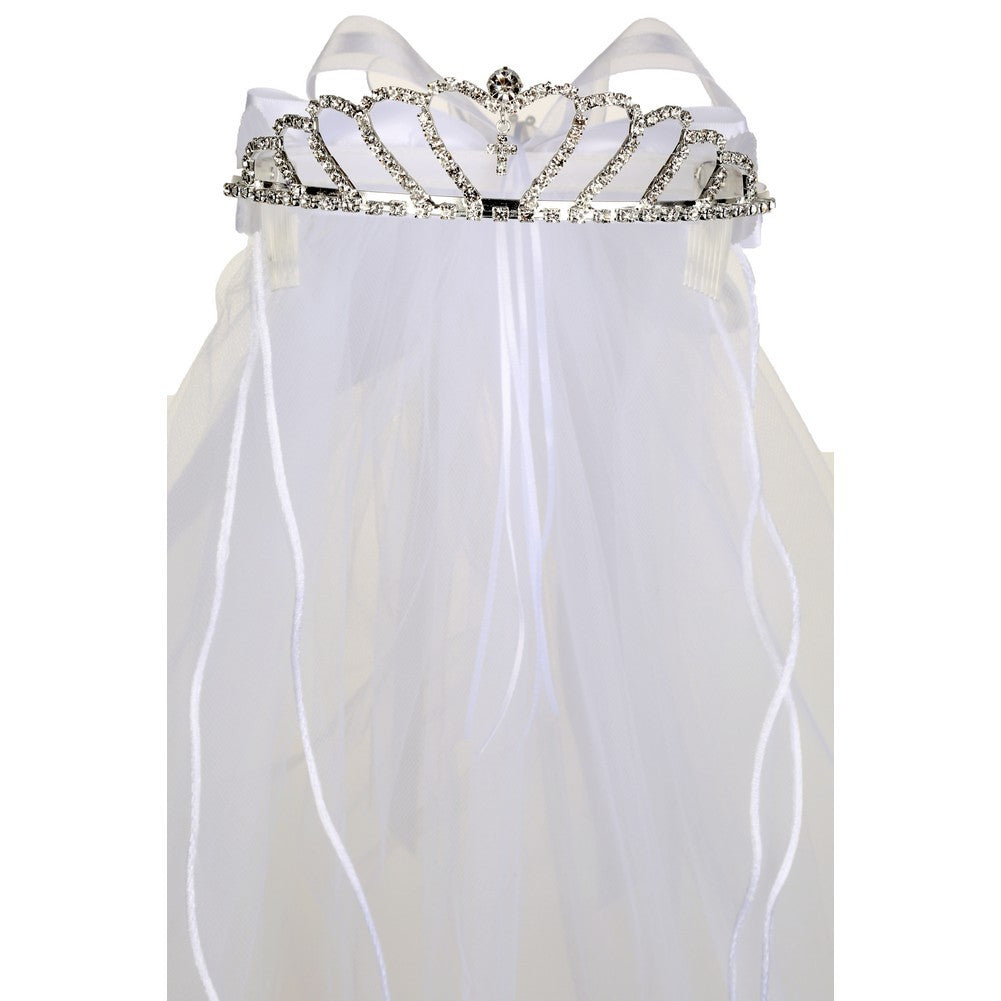 Mädchen weiß Satin Schleife Kommunion Blumenmädchen Strass Tiara Schleier