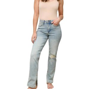 hoher Bund Straight Fit Destroyed-Jeans in heller Waschung