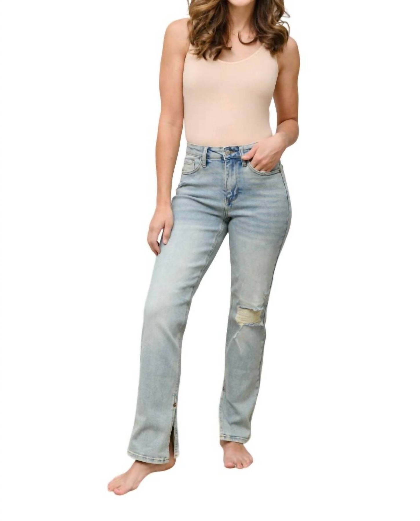 Hoher Bund Straight Fit Zerstörte Jeans in leichter Waschung