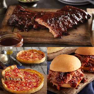 echte urbane bbq brevet, Schweinefleisch gezogen, Rippen & 2 lou-s Pizzas