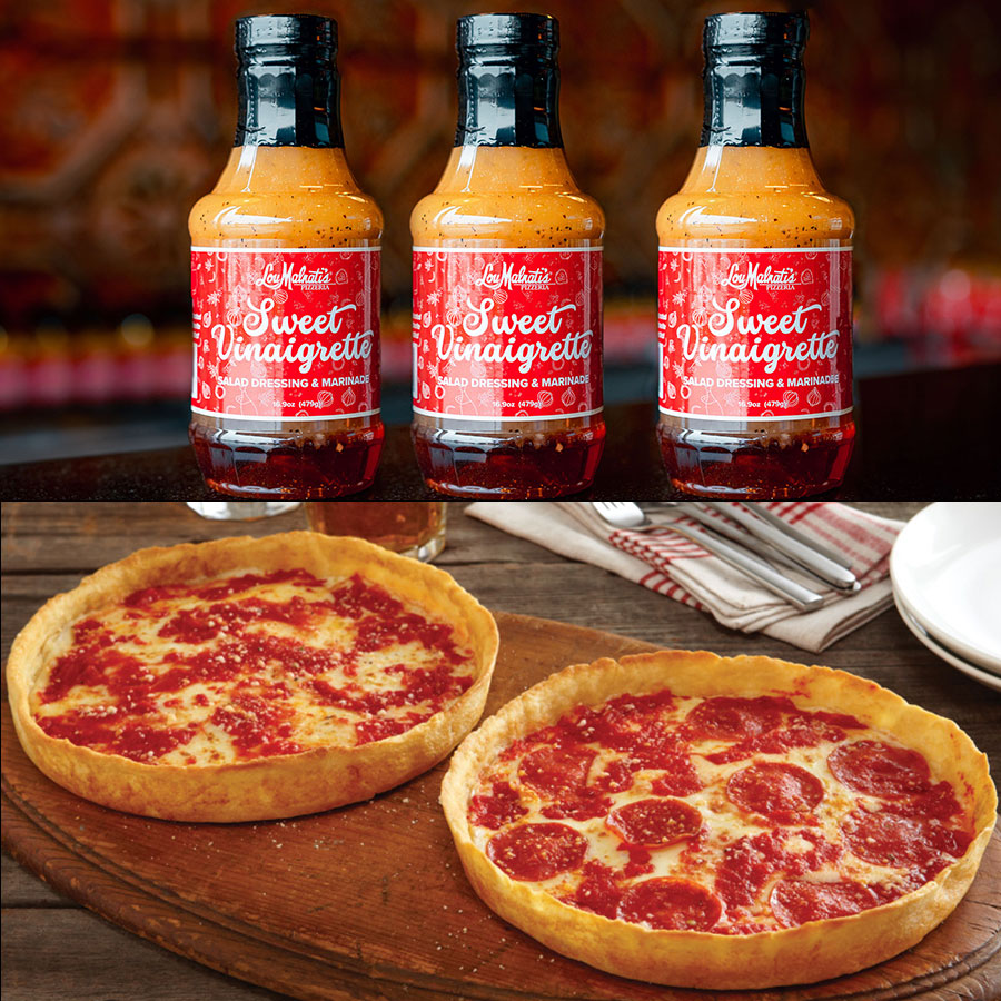 3 Flaschen von Lou's süß Vinaigrette Salat Dressing & 2 Pizzas