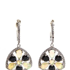 Raritäten Cluster-Ohrhänger aus Sterlingsilber mit Opal und schwarzem und weißem Spinell, 1,25