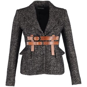 Tom Ford Couture Tweed Jacke mit Lederbesatz aus grauer Wolle
