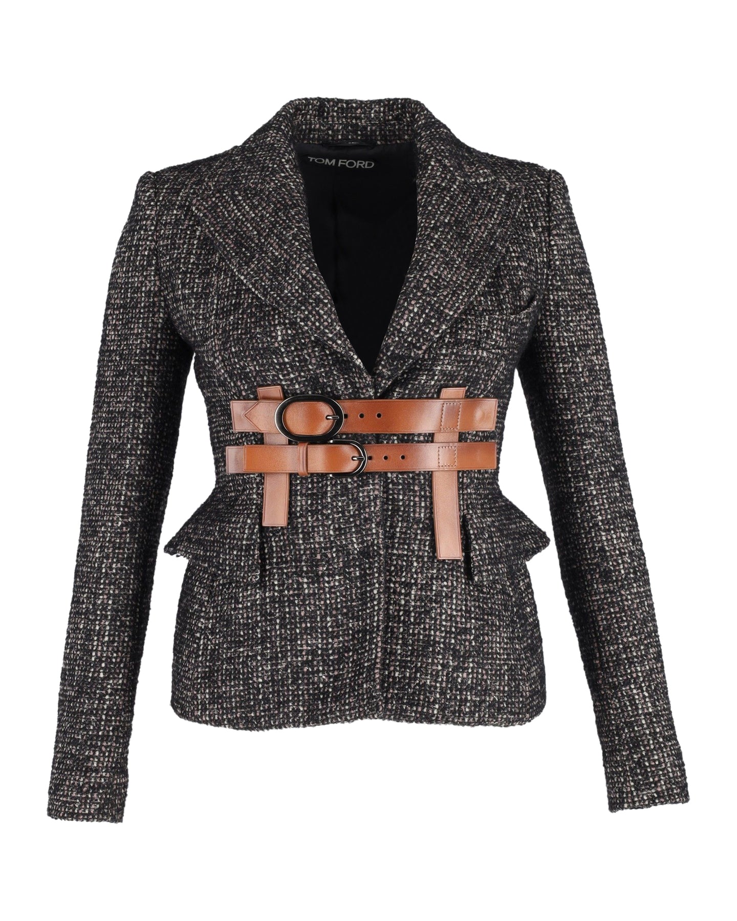 Tom Ford Couture Tweed Jacke mit Lederbesatz aus grauer Wolle