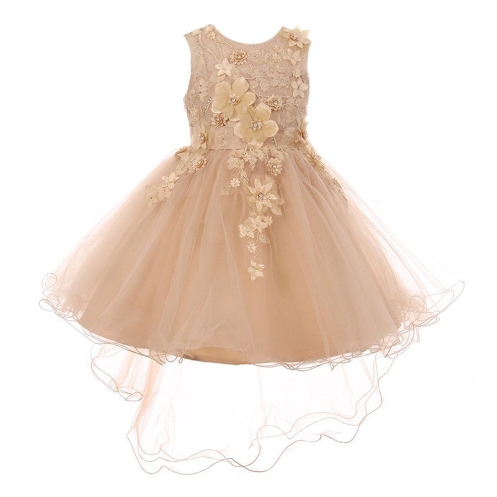 Große Mädchen Taupe 3D mit Blumenmuster Appliques Hi-Low Tüll Junior Brautjungfernkleid 8-12