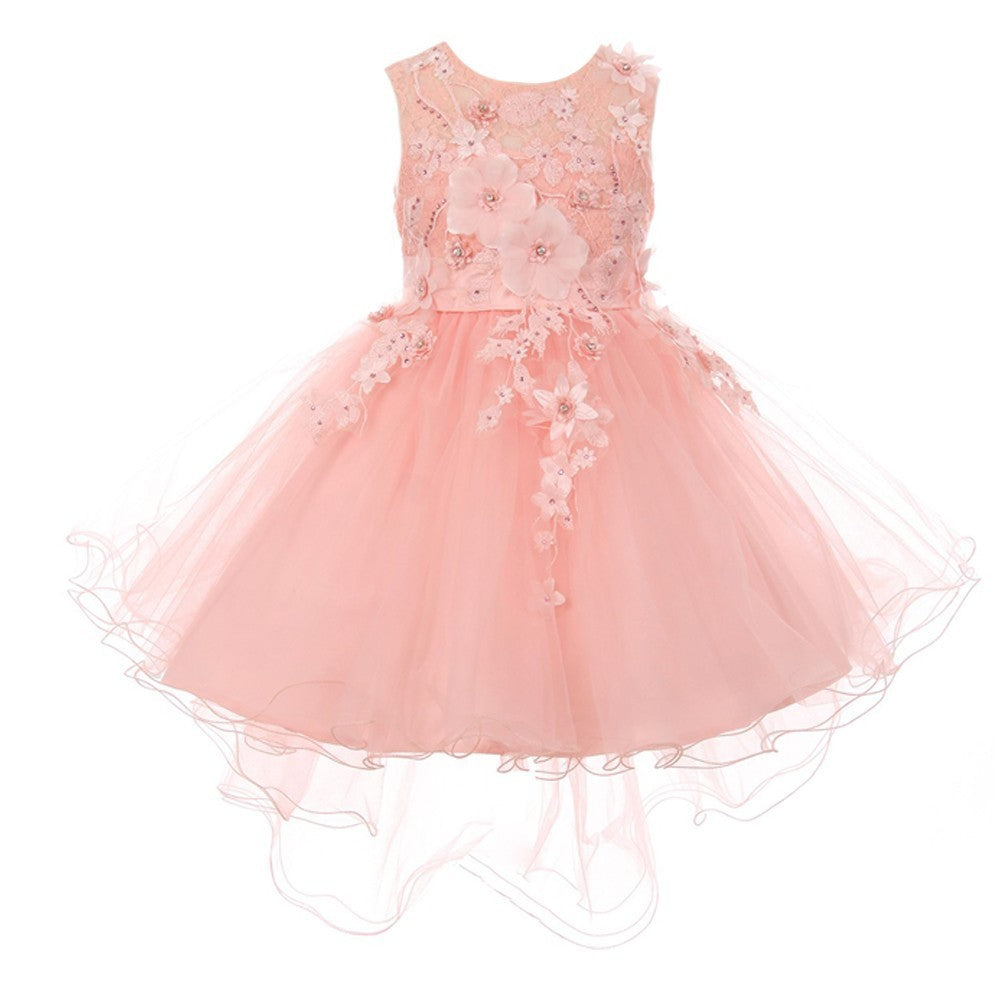 Große Mädchen Altrosa 3D mit Blumenmuster Applikationen Hi-Low Tüll Junior Brautjungfernkleid 8-12