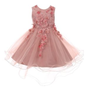 Brautjungfernkleid für große Mädchen, Dusty Rose, 3D-Blumenapplikationen, Hi-Low, Größe 8–12