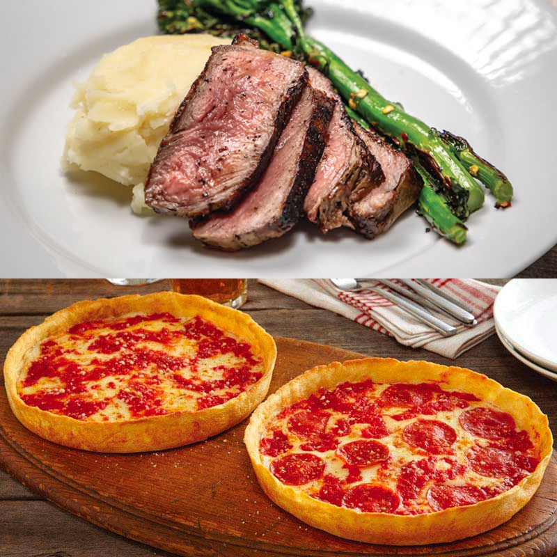 4 Gibsons 14oz. GGA New York Strips & 2 Lou's Pizzas