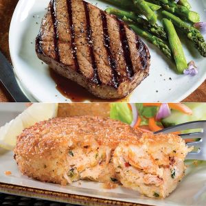 Spitzen-Sirloin und Krabbenkuchen