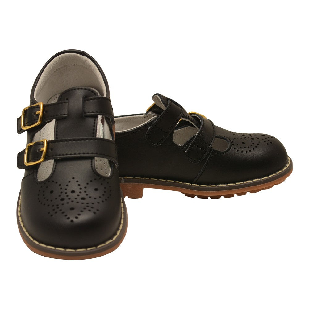 Unisex Schwarz Double T-Strap Buckled Leder Mary Jane Schuhe 5 Kleinkind-2 Kinder