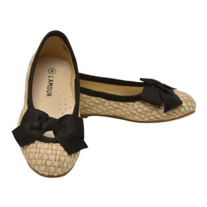Schwarze Ballerinas mit Schleife aus künstlichem Stroh für kleine Mädchen, 7–10 Kleinkinder