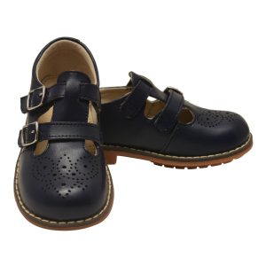 Unisex Dunkelblau Double T-Strap Buckled Leder Mary Jane Schuhe 5 Kleinkind-2 Kinder