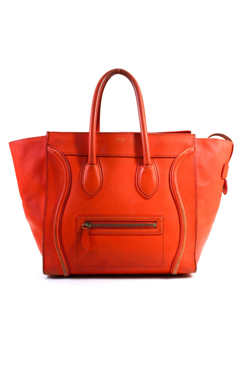 Celine Damen Winged Zip Top Mini Gepäck Tragetasche Handtasche Rot Orange Leder