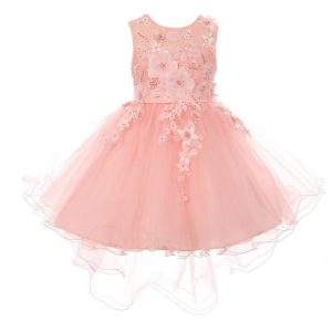 Blumenmädchenkleid aus Altrosa mit 3D-Blumenapplikationen und Tüll, Gr. 2–6