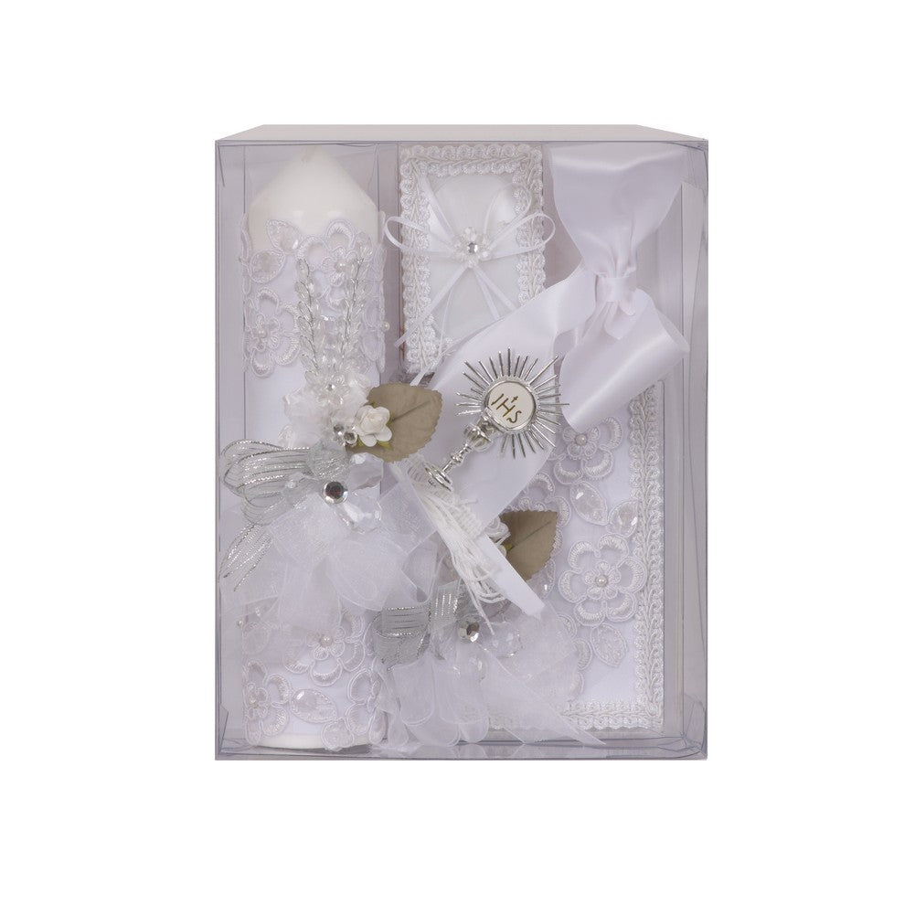 Jungen Weiß mit Blumenmuster Applique Spanische Version Erstkommunion Kerze Set